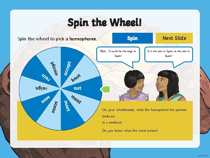 Spin the Wheel! Spin the wheel to pick a homophone. Next Slide Spin Wait.