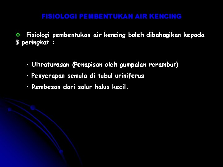 FISIOLOGI PEMBENTUKAN AIR KENCING v Fisiologi pembentukan air kencing boleh dibahagikan kepada 3 peringkat FISIOLOGI PEMBENTUKAN AIR KENCING v Fisiologi pembentukan air kencing boleh dibahagikan kepada 3 peringkat
