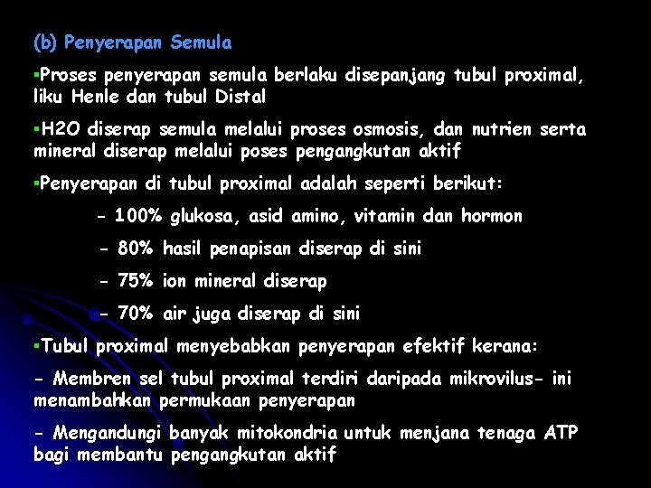 (b) Penyerapan Semula §Proses penyerapan semula berlaku disepanjang tubul proximal, liku Henle dan tubul (b) Penyerapan Semula §Proses penyerapan semula berlaku disepanjang tubul proximal, liku Henle dan tubul