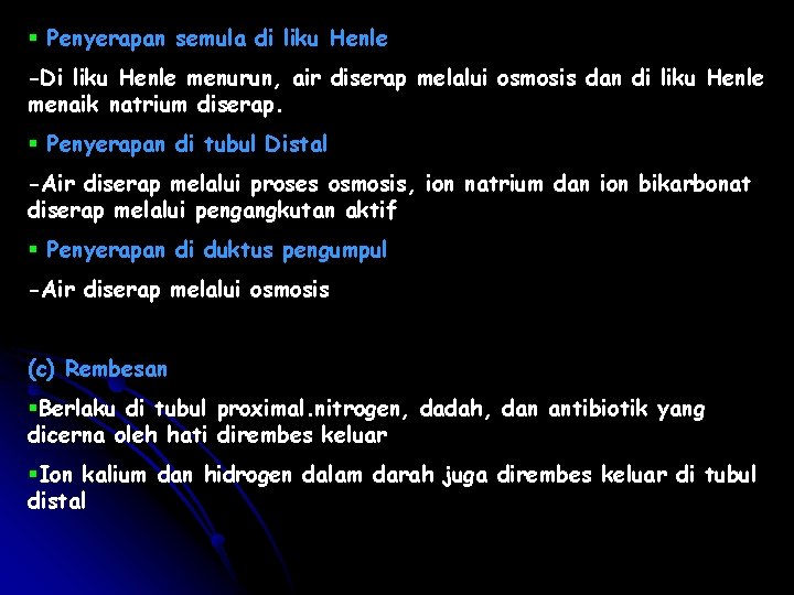 § Penyerapan semula di liku Henle -Di liku Henle menurun, air diserap melalui osmosis § Penyerapan semula di liku Henle -Di liku Henle menurun, air diserap melalui osmosis