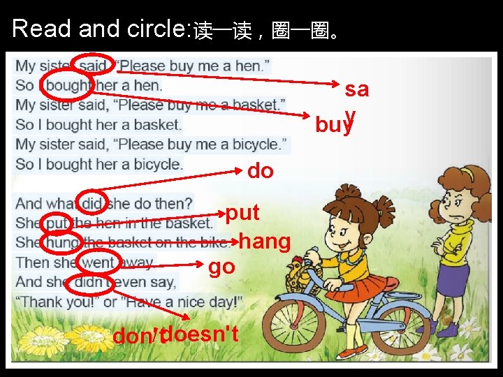 Read and circle: 读一读，圈一圈。 sa y buy do put hang go / doesn't don't