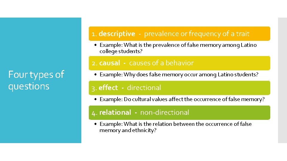 1. descriptive - prevalence or frequency of a trait • Example: What is the