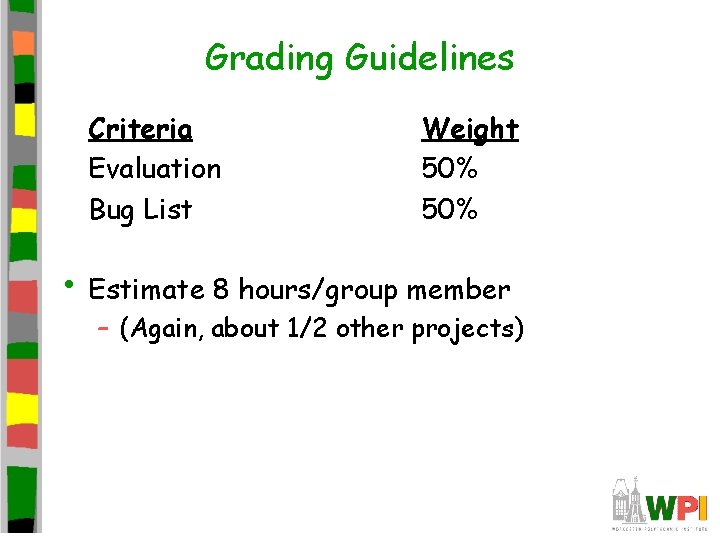 Grading Guidelines Criteria Evaluation Bug List Weight 50% • Estimate 8 hours/group member –