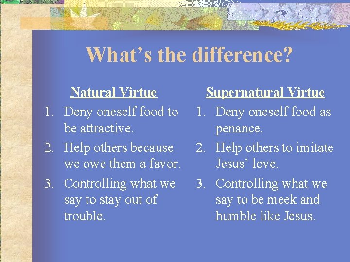 What’s the difference? Natural Virtue 1. Deny oneself food to be attractive. 2. Help