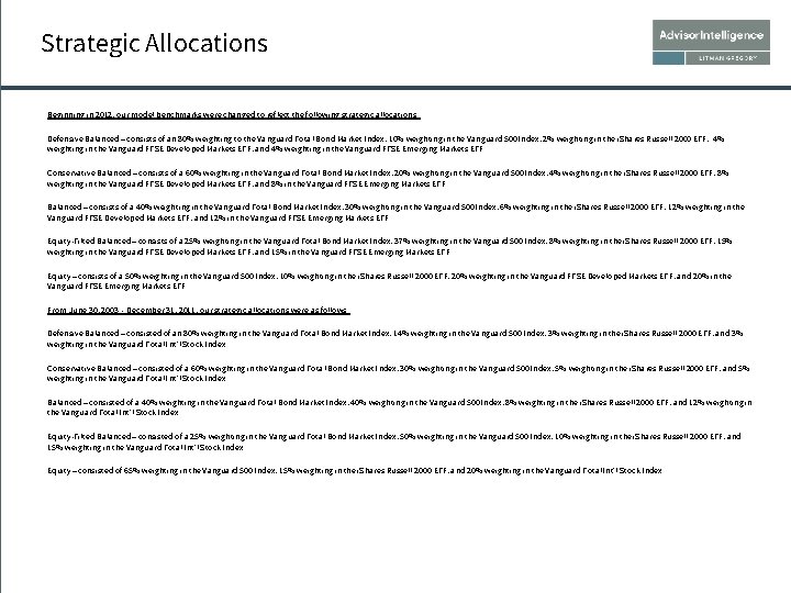 Strategic Allocations Beginning in 2012, our model benchmarks were changed to reflect the following