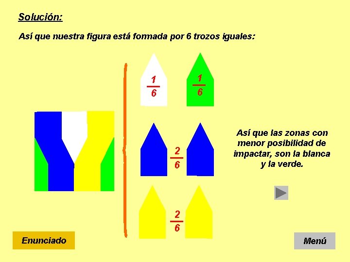 Solución: Así que nuestra figura está formada por 6 trozos iguales: 1 6 2
