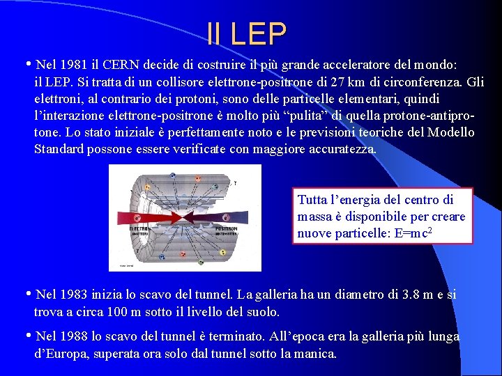Il LEP • Nel 1981 il CERN decide di costruire il più grande acceleratore