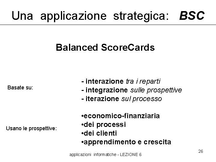 Una applicazione strategica: BSC Balanced Score. Cards Basate su: Usano le prospettive: - interazione