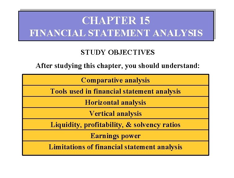 CHAPTER 15 FINANCIAL STATEMENT ANALYSIS STUDY OBJECTIVES After studying this chapter, you should understand: