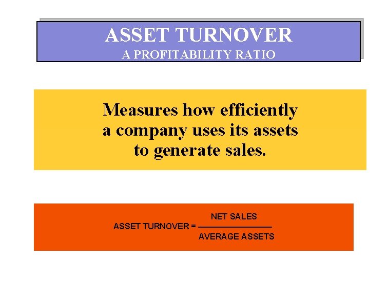 ASSET TURNOVER A PROFITABILITY RATIO Measures how efficiently a company uses its assets to