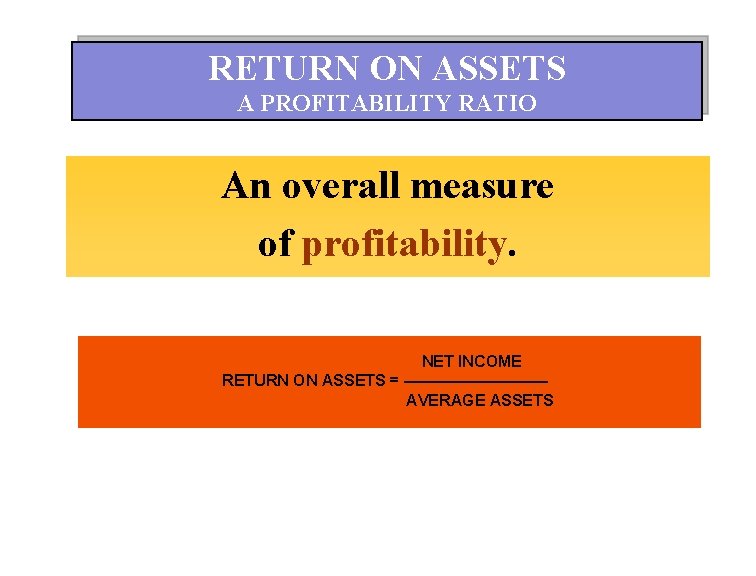 RETURN ON ASSETS A PROFITABILITY RATIO An overall measure of profitability. NET INCOME RETURN
