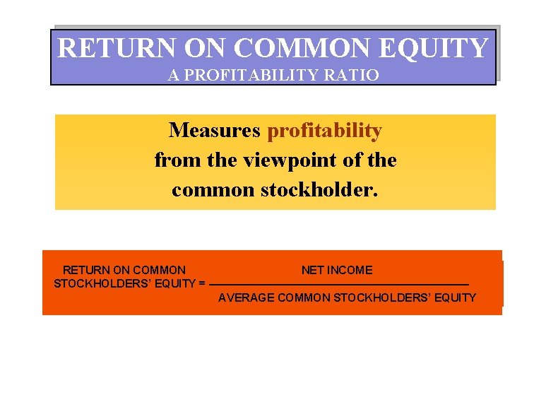 RETURN ON COMMON EQUITY A PROFITABILITY RATIO Measures profitability from the viewpoint of the