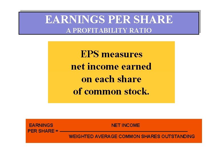 EARNINGS PER SHARE A PROFITABILITY RATIO EPS measures net income earned on each share