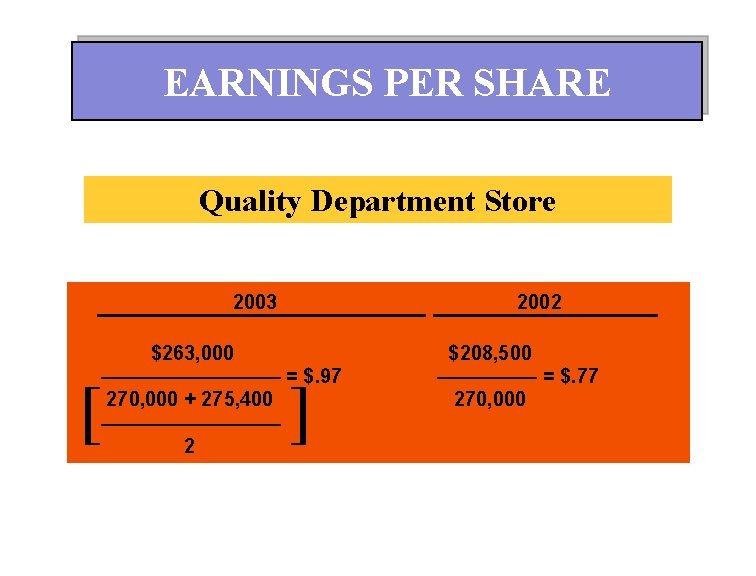 EARNINGS PER SHARE Quality Department Store 2003 2002 $263, 000 ————— = $. 97