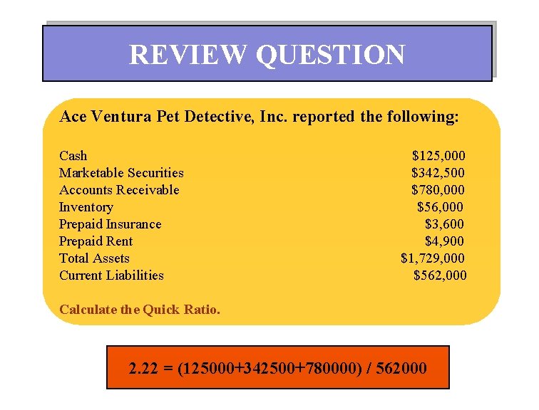 REVIEW QUESTION Ace Ventura Pet Detective, Inc. reported the following: Cash Marketable Securities Accounts