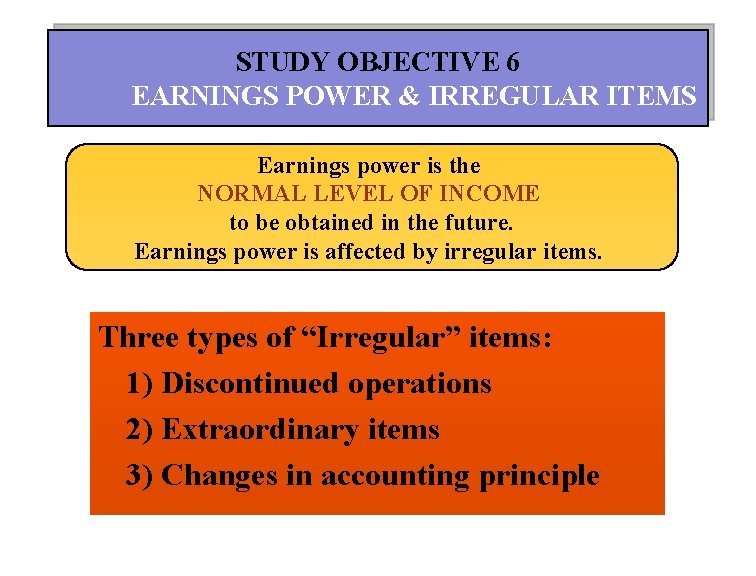 STUDY OBJECTIVE 6 EARNINGS POWER & IRREGULAR ITEMS Earnings power is the NORMAL LEVEL