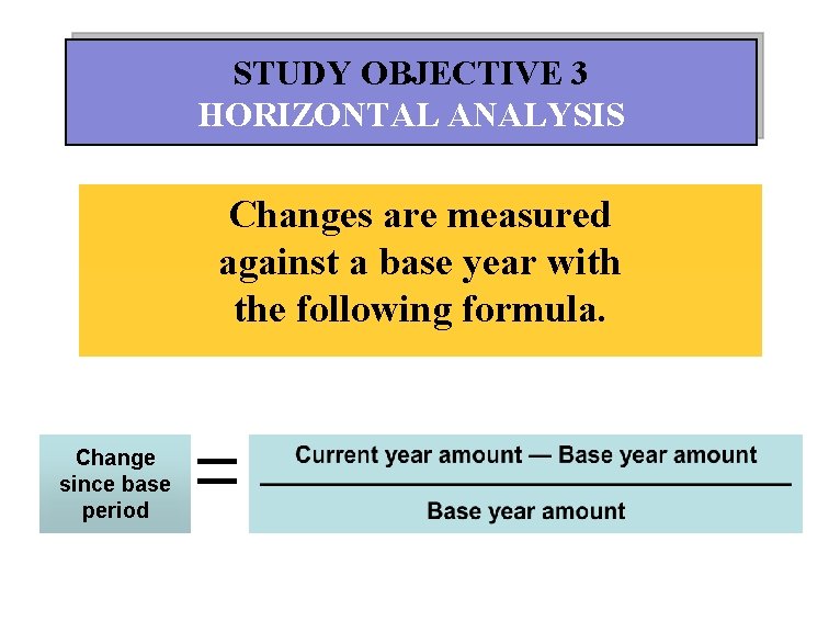 STUDY OBJECTIVE 3 HORIZONTAL ANALYSIS Changes are measured against a base year with the