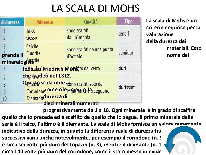 LA SCALA DI MOHS La scala di Mohs è un criterio empirico per la