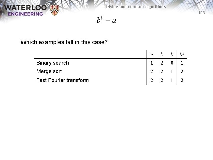 Divide-and-conquer algorithms 103 bk = a Which examples fall in this case? a b