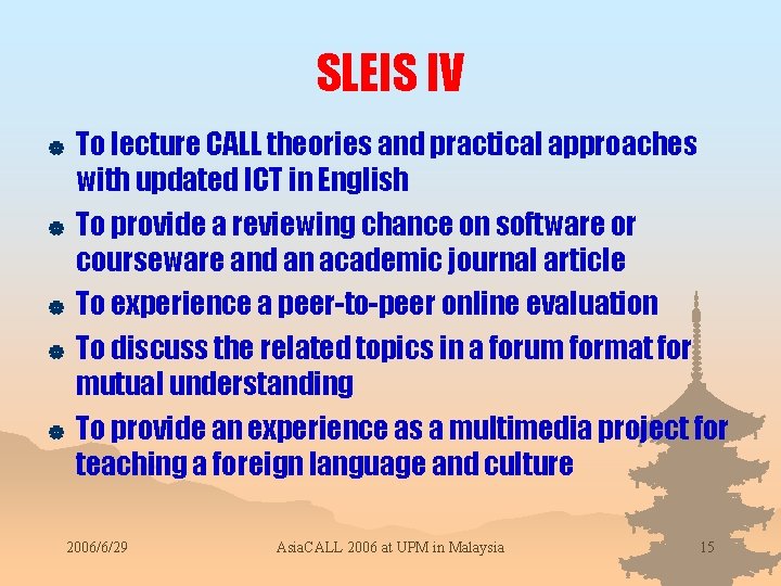 SLEIS IV | | | To lecture CALL theories and practical approaches with updated