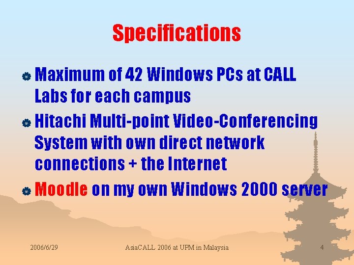 Specifications | Maximum of 42 Windows PCs at CALL Labs for each campus |