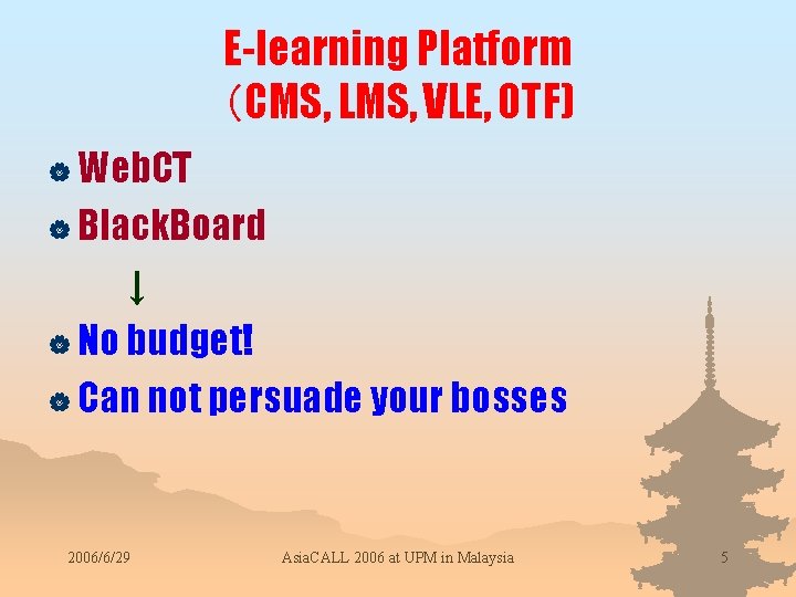 E-learning Platform （CMS, LMS, VLE, OTF) | Web. CT | Black. Board ↓ |