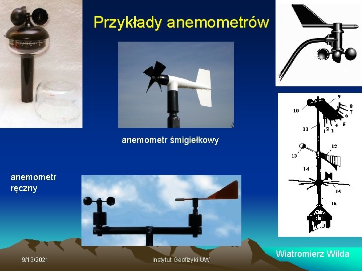 Przykłady anemometrów anemometr śmigiełkowy anemometr ręczny 9/13/2021 Instytut Geofizyki UW Wiatromierz Wilda 