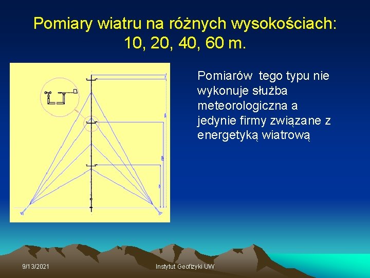 Pomiary wiatru na różnych wysokościach: 10, 20, 40, 60 m. Pomiarów tego typu nie