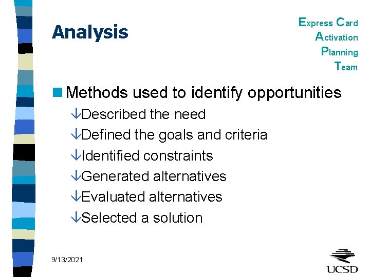 Analysis Express Card Activation Planning Team n Methods used to identify opportunities âDescribed the