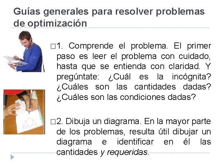 Guías generales para resolver problemas de optimización � 1. Comprende el problema. El primer