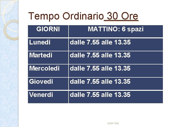 Tempo Ordinario 30 Ore GIORNI MATTINO: 6 spazi Lunedì dalle 7. 55 alle 13.