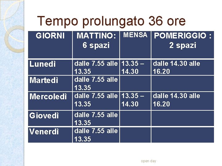 Tempo prolungato 36 ore GIORNI Lunedì Martedì Mercoledì Giovedì Venerdì MATTINO: MENSA POMERIGGIO :