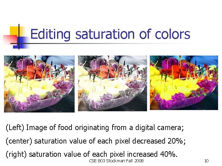 Editing saturation of colors (Left) Image of food originating from a digital camera; (center)