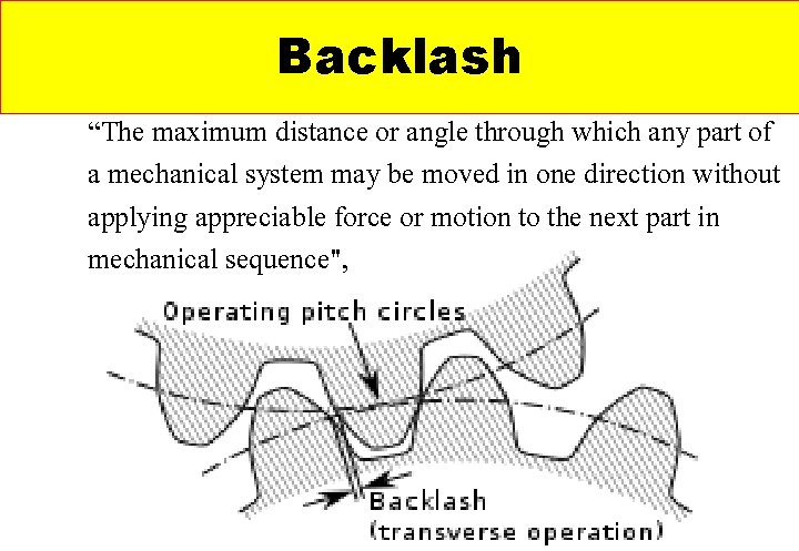 Backlash “The maximum distance or angle through which any part of a mechanical system Backlash “The maximum distance or angle through which any part of a mechanical system
