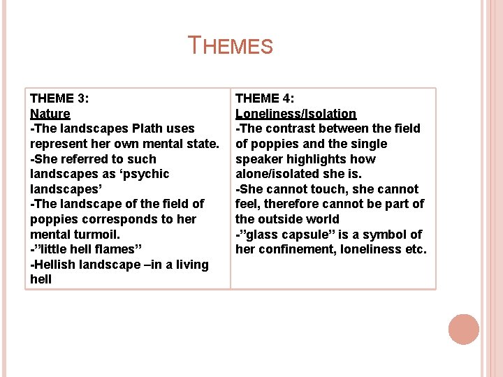 THEMES THEME 3: Nature -The landscapes Plath uses represent her own mental state. -She