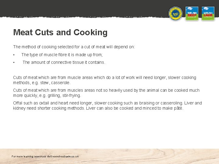 Meat Cuts and Cooking The method of cooking selected for a cut of meat