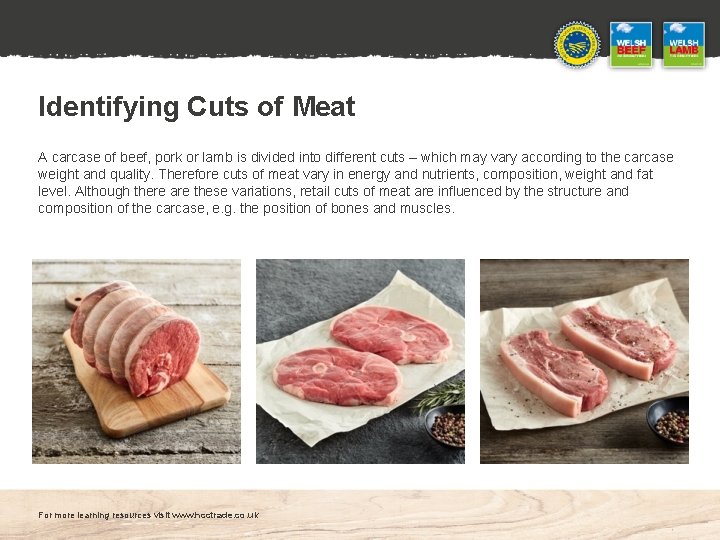Identifying Cuts of Meat A carcase of beef, pork or lamb is divided into