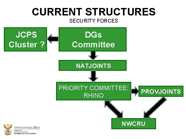 CURRENT STRUCTURES SECURITY FORCES JCPS Cluster ? DGs Committee NATJOINTS PRIORITY COMMITTEE: RHINO PROVJOINTS