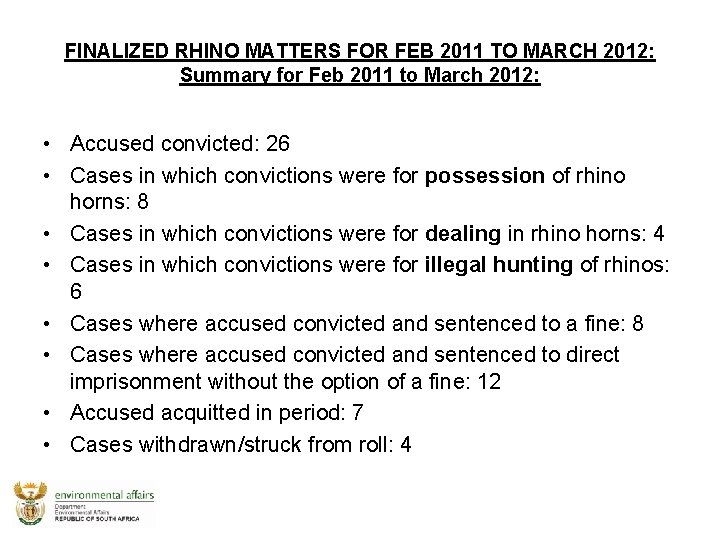 FINALIZED RHINO MATTERS FOR FEB 2011 TO MARCH 2012: Summary for Feb 2011 to