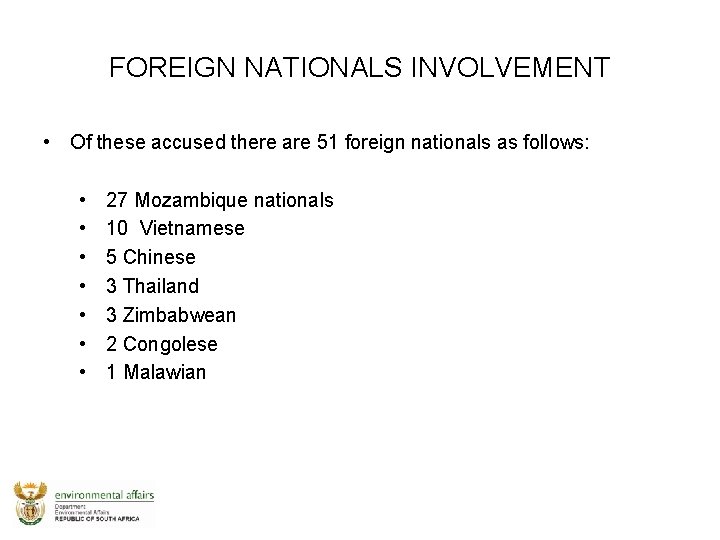 FOREIGN NATIONALS INVOLVEMENT • Of these accused there are 51 foreign nationals as follows: