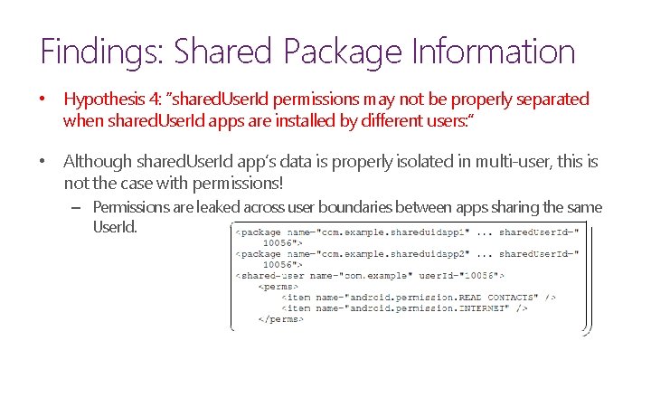 Findings: Shared Package Information • Hypothesis 4: “shared. User. Id permissions may not be