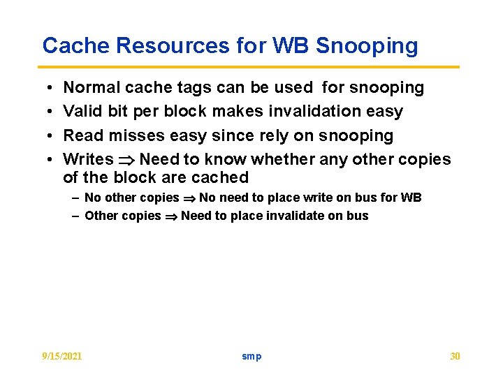 Cache Resources for WB Snooping • • Normal cache tags can be used for