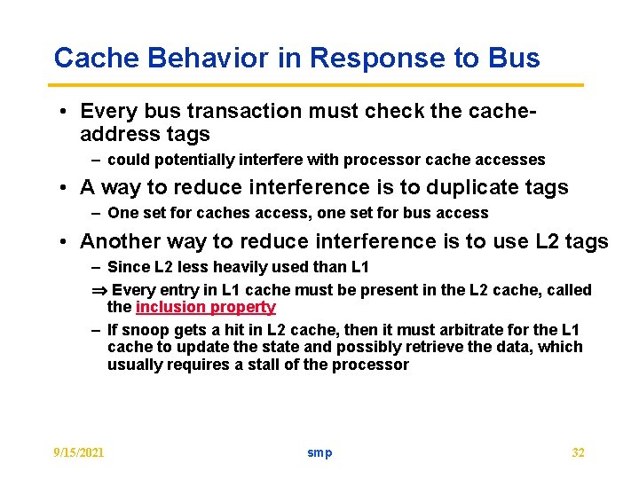 Cache Behavior in Response to Bus • Every bus transaction must check the cacheaddress