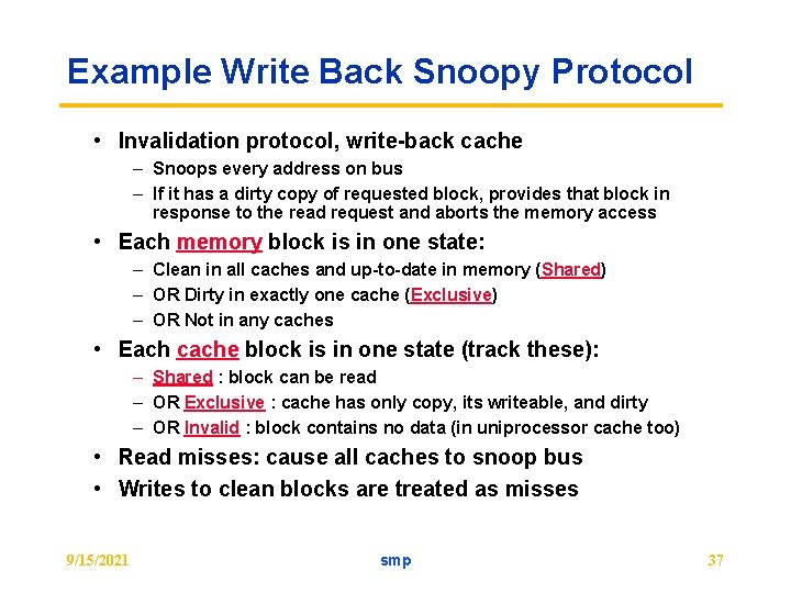 Example Write Back Snoopy Protocol • Invalidation protocol, write-back cache – Snoops every address