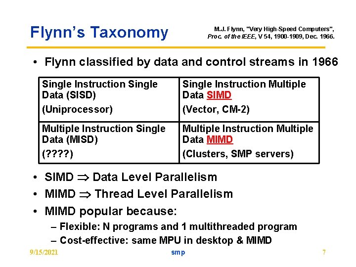 Flynn’s Taxonomy M. J. Flynn, "Very High-Speed Computers", Proc. of the IEEE, V 54,