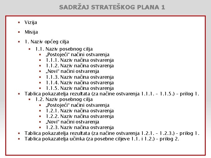 SADRŽAJ STRATEŠKOG PLANA 1 § Vizija § Misija § 1. Naziv općeg cilja §