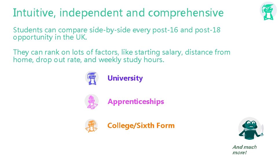 Intuitive, independent and comprehensive Students can compare side-by-side every post-16 and post-18 opportunity in