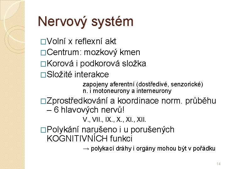 Nervový systém �Volní x reflexní akt �Centrum: mozkový kmen �Korová i podkorová složka �Složité