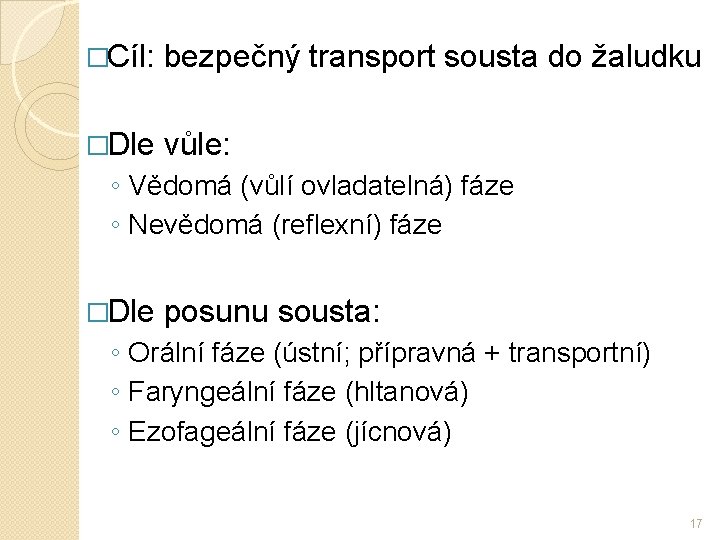 �Cíl: bezpečný transport sousta do žaludku �Dle vůle: ◦ Vědomá (vůlí ovladatelná) fáze ◦