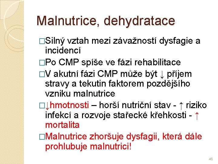 Malnutrice, dehydratace �Silný vztah mezi závažností dysfagie a incidencí �Po CMP spíše ve fázi